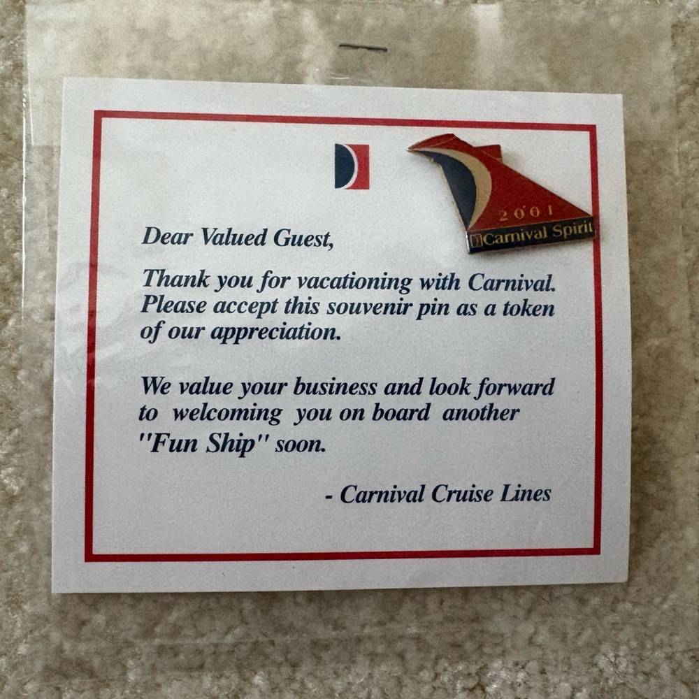 Carnival Cruise Lines Souvenir Pin Vintage 2001 NWT Vacation Carnival Spirit